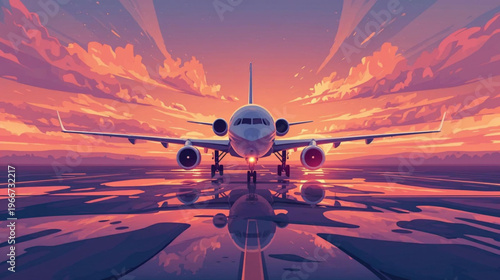 vector illustration of an airplane taking off from a wet airport tarmac at sunset. 