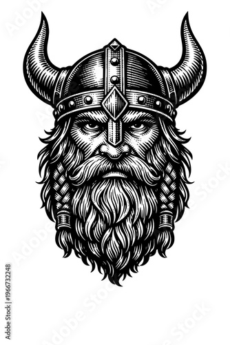 Magnificent woodcut illustration showcasing a powerful Viking warrior's head, complete with a formidable horned helmet, intense gaze, and a flowing, intricately textured beard, embodying the raw spiri