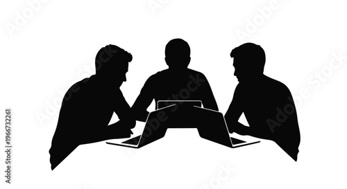 Three business professionals meeting with laptops in modern office setting teamwork collaboration