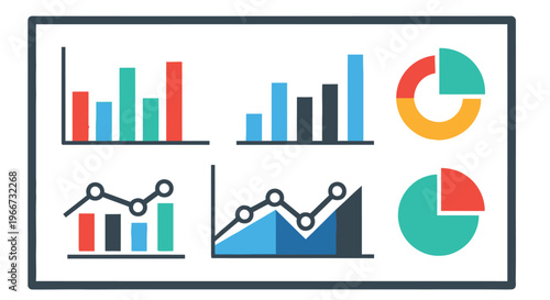 Data visualization dashboard displaying various charts and graphs in a flat style