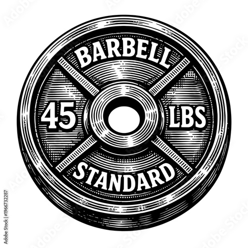 Vintage 45 lbs Barbell Standard Weight Plate Illustration for Fitness and Gym Workouts. Engraved Retro Style Design for Strength Training, Powerlifting, and Weightlifting Equipment Graphics and Athlet