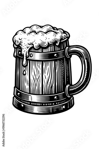 Vintage black and white woodcut style illustration of a rustic overflowing wooden beer mug, or traditional stein, with a thick, frothy head and dripping foam. Ideal for pub, brewery, and Oktoberfest d