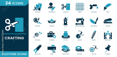 Crafting icon set. Toolbox, crafting, sewing, scissors, yarn ball, fabric, paintbrush, clamp, origami, glue gun, workshop, pottery, pencil and more. Duotone vector icons collection.
