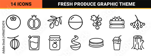 Organic Fruit and Agriculture Minimalist Monoline Line Art Icons featuring Geometric Botanical Silhouettes and Juice Production Elements