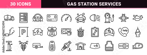 Fuel and Gas Station Services Minimalist Monoline Icon Set featuring Automotive Maintenance, Energy Supply, and Convenience Retail Line Art.