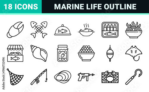 Minimalist Seafood and Marine Life Monoline Outline Symbols for High-End Restaurant Branding and Commercial Fisheries Visual Identity.