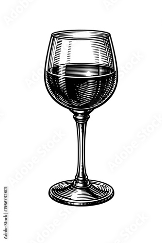 Classic Hand-Drawn Engraved Wine Glass Illustration with Deep Red Wine, Vintage Woodcut Style Stemware Art, Perfect for Sophisticated Beverage Menus, Bottle Labels, Bar Decor, Restaurant Graphics, Ele