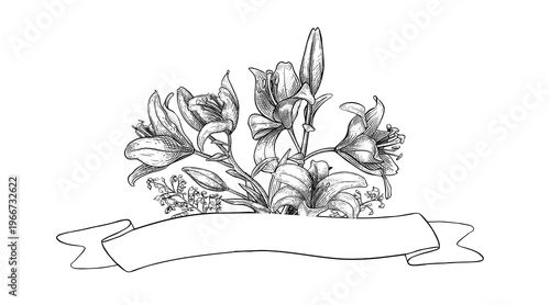 Lily flower bouquet with ribbon scroll banner and empty space for text. Hand drawn engraving vector illustration of floral composition. Monochrome graphic sketch for Easter card or memorial ceremony.