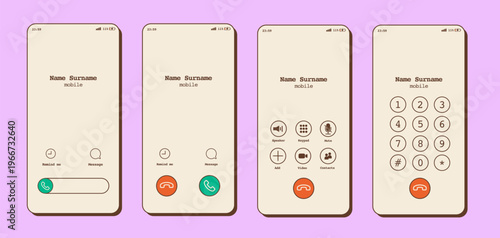 Retro 90s mobile phone call screen interface. Calling, ringing, and talking modes with vintage design layout. Classic smartphone communication screens. Vector illustration isolated on background.