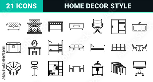 Modern Residential Interior Furniture and Home Decor Minimalist Monoline Outline Set for Architectural Visualization and Floor Plans