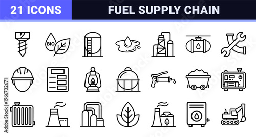 Gasoline and Petroleum Industry Line Art Featuring Minimalist Monoline Geometric Symbols for Energy Production and Fuel Station Utility.