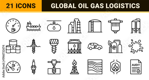 Gasoline Station and Petroleum Industry Minimalist Monoline Outline Icons for Global Energy Logistics and Fuel Infrastructure Design