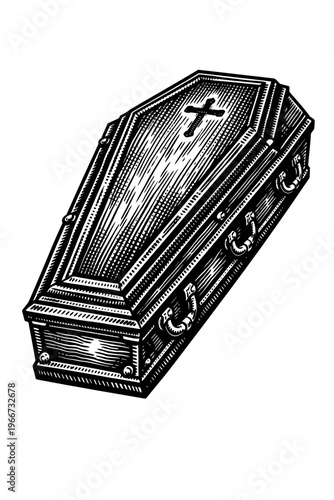 Black and white woodcut illustration of a traditional coffin with a cross and ornate handles. This vintage artwork embodies classic funerary symbolism, making it ideal for themes of death, remembrance