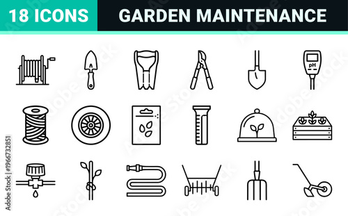 Gardening and Horticulture Equipment Line Art Featuring Minimalist Geometric Outline Symbols for Professional Landscape Design Projects
