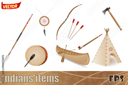 set icons objects american indians vector illustration isolated on white background