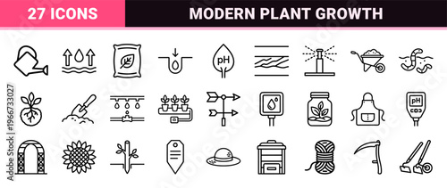 Professional Gardening and Horticulture Monoline Outline Icons featuring Soil Science, Agricultural Tools, and Sustainable Plant Cultivation.