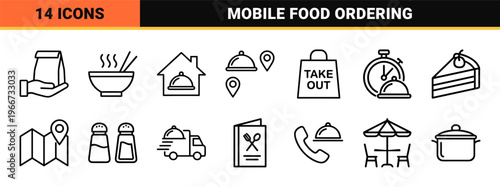 Food Delivery and Restaurant Management Minimalist Monoline Icon Set for Mobile Apps and Commercial Web Interfaces.