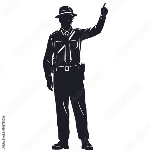 Authoritative silhouette of a uniformed law enforcement officer wearing a hat pointing skyward
