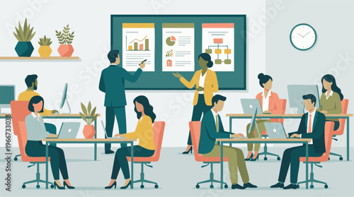 Business team collaborating and working in a modern office, presentation in progress