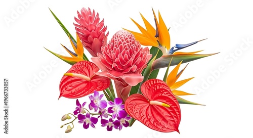 Vivid floral arrangement featuring vibrant red anthurium blooms, spiky pink ginger flowers