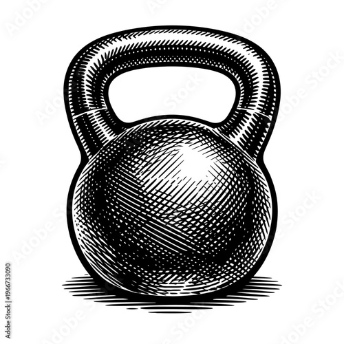 Detailed black and white woodcut style illustration of a classic kettlebell, an iconic piece of fitness equipment. This vintage graphic art perfectly represents strength training, weightlifting, and h