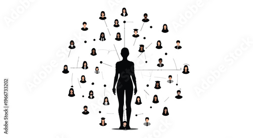 Silhouette of a person connected to network of people icons, representing social media, community, and online relationships in a modern digital illustration