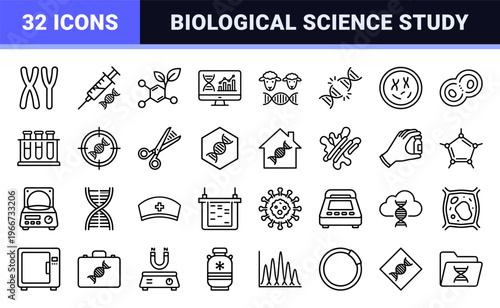 Genetics and Biotechnology Minimalist Monoline Line Art Featuring DNA Helix Chromosomes Laboratory Equipment and Bioengineering Symbols