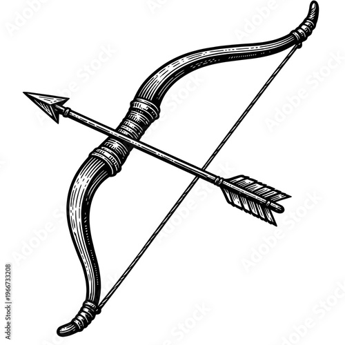 Detailed vintage engraved illustration of a recurve bow and arrow, black & white woodcut style. Perfect for historical, hunting, fantasy, medieval, and sporting designs, emphasizing skill, precision,