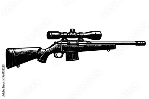 Precision Bolt-Action Rifle with Scope: Detailed Black & White Engraving. Ideal for Hunting, Tactical Training, and Long-Range Target Shooting. Classic Firearm Illustration for Sportsmen, Collectors,