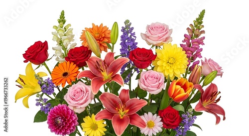 Vibrant floral arrangement includes red roses, pink roses, yellow lilies, and gerbera daisies