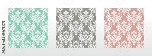 Wallpapers in the style of Baroque.. Set of colored floral ornaments. Seamless vector backgrounds Graphic patterns for fabric, wallpaper, packaging. Ornate Damask flower illustration