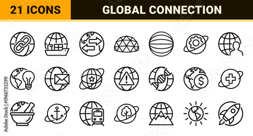 Global Networking and Planetary Geometry Minimalist Monoline Icon Set, Professional Geometric Line Art for Web and Data Visualization
