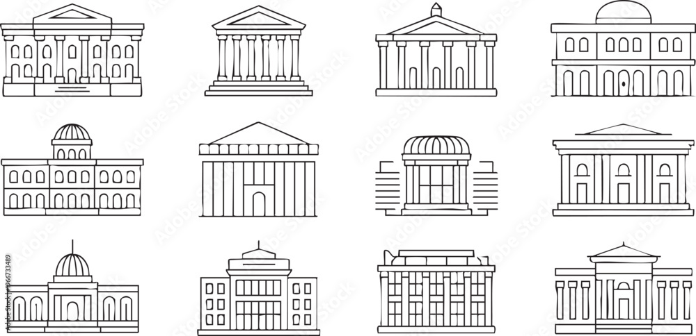 Fototapeta premium Classical Architecture Icons With Columns And Historic Government Buildings