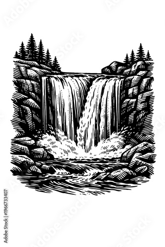 Majestic natural waterfall landscape in vintage woodcut style, featuring powerful cascades over rugged rocky cliffs, surrounded by towering evergreen trees, a serene river flowing below, captivating b