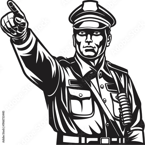 Authoritative Police Officer in Uniform Giving Direction with Firm Pointing Arm Gesture
