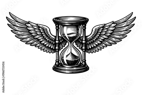 Vintage Engraved Winged Hourglass Illustration Symbolizing the Swift Passage of Time, Mortality, and Fleeting Moments. A Classic Emblem of Temporality, Urgency, and Destiny, Perfect for Design Project
