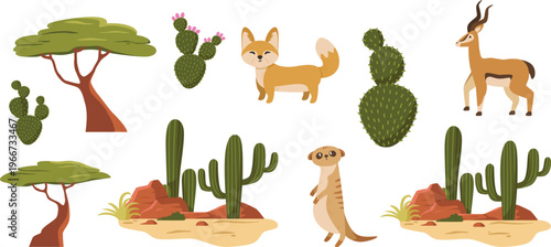 Desert Animal Fox, Antelope, Meerkat and Cactus Vector Collection Illustration