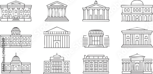 Classical Architecture Icons With Columns And Historic Government Buildings