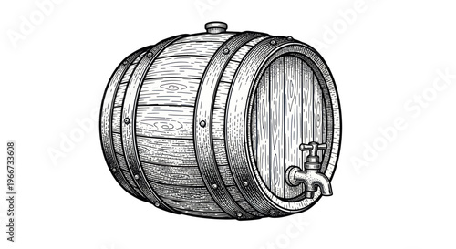 Vintage wooden barrel with spigot, isolated on white background, retro illustration