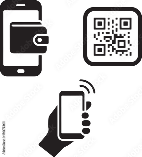 Mobile payment icons, contactless transaction symbols, QR code, wallet, and smartphone graphics