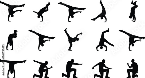 Breakdance silhouettes, hip hop dance moves, street dance culture, acrobatic performance, urban dancer freestyle action poses