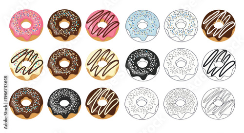 Assortment of Colorful Doughnuts with Sprinkles and Glaze - Top View