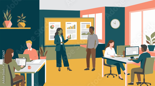 Business team working and collaborating in a modern office environment