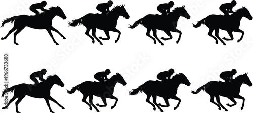 Horse Racing Silhouettes Set Jockey Riding Galloping Horses Vector
