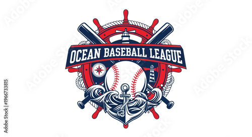 Ocean Baseball League Logo: Nautical Theme with Baseball, Anchor, and Ship Wheel