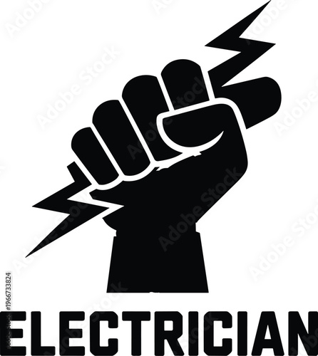 Electrician fist holding lightning bolt power energy symbol black silhouette logo design illustration
