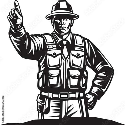 Park Ranger Standing Tall Pointing Upward with Authoritative Hand Gesture and Serious Expression