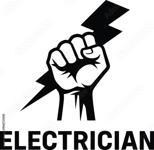 Electrician raised fist holding lightning bolt power energy symbol black logo icon illustration design