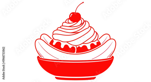 Red Banana Split Ice Cream Sundae Icon with Cherry and Whipped Cream