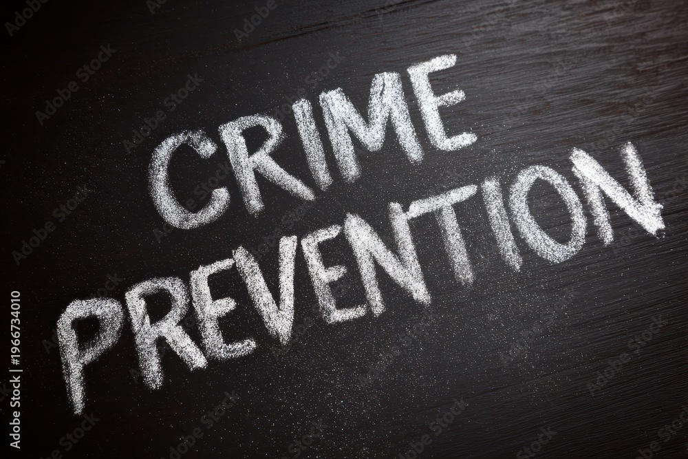 Fototapeta premium Educational chalkboard text showing crime prevention in chalk